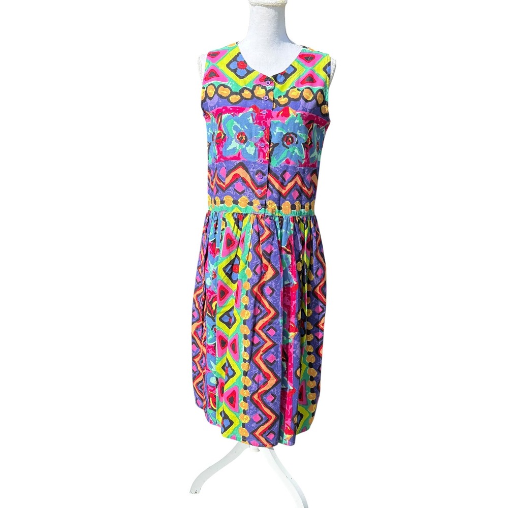 Vintage Sita Neon Geometric Floral Cotton Button Front Midi Dress Womens Medium